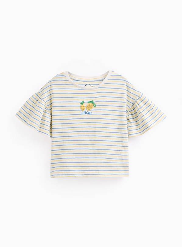 White & Blue Stripe Lemon Print Fluted Sleeve T-Shirt. 6-7 years